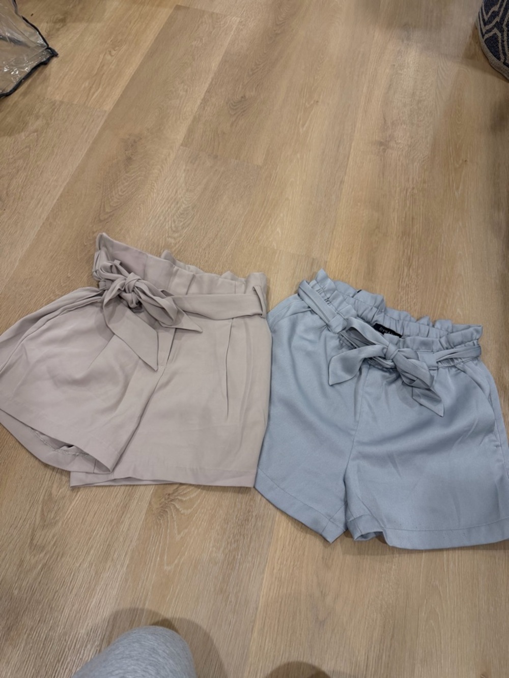 Dynamite High-Waist Paperbag Shorts in Beige and Light Blue